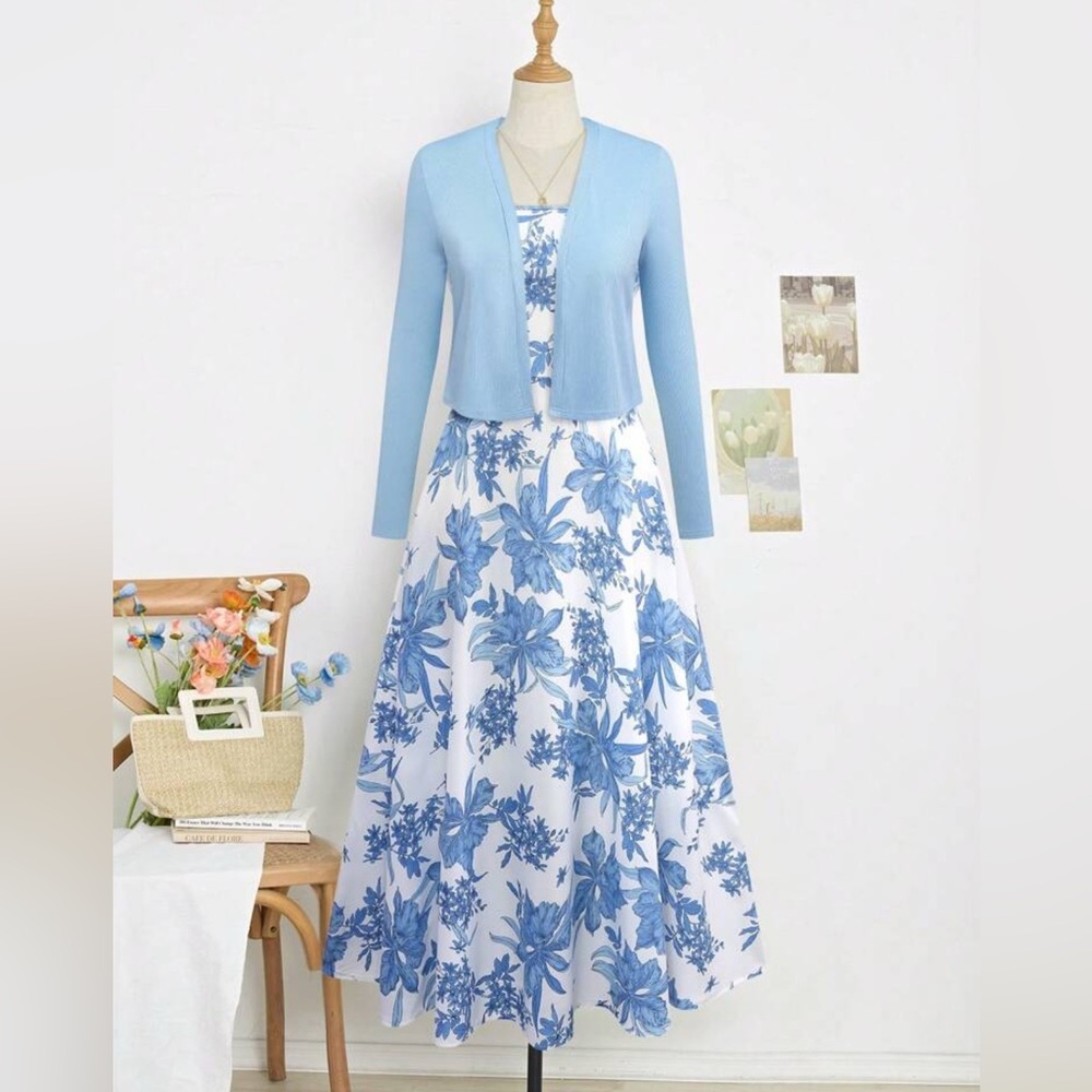 Women's Floral Blue and White Dress